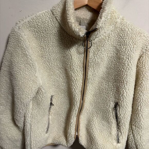 Urban Outfitters Cropped Front Zip Sherpa Jacket - White/Cream- Size Small - Picture 4 of 11